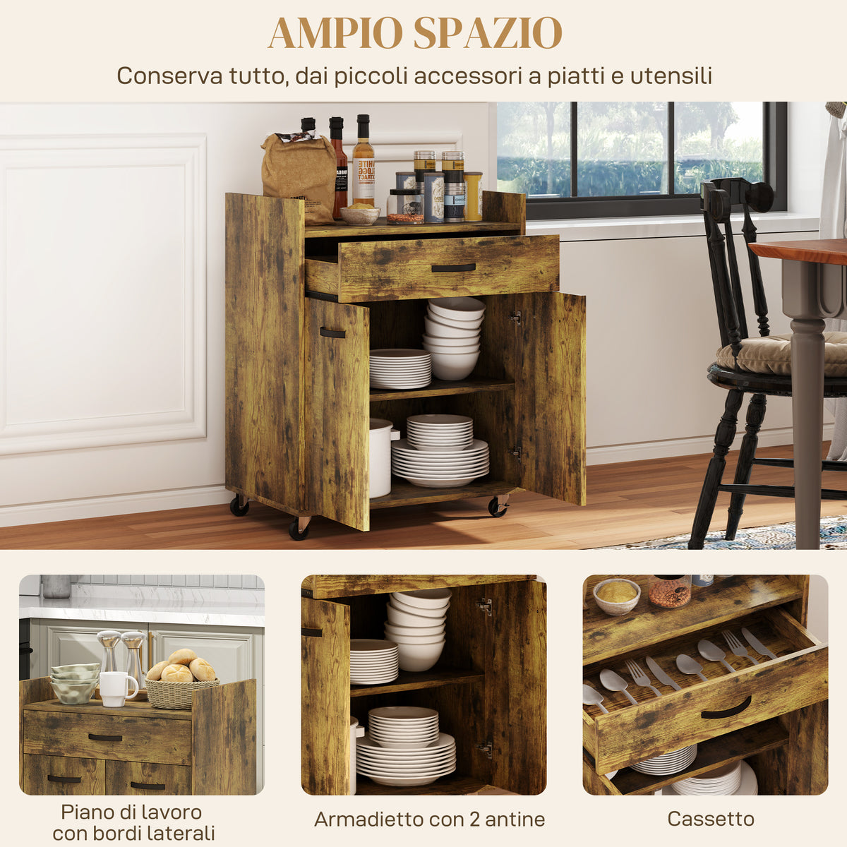 Carrello da Cucina con Cassetto, Armadietto e 4 Ruote in Legno, 60x40x77cm, Marrone Rustico