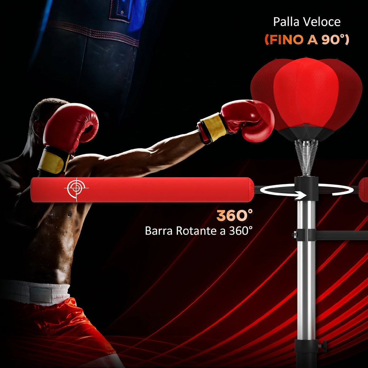 Sacco Boxe da Terra 4 in 1 con 2 Speedball, Barra Girevole e Sacco, Altezza Regolabile da 160-230cm, Rosso