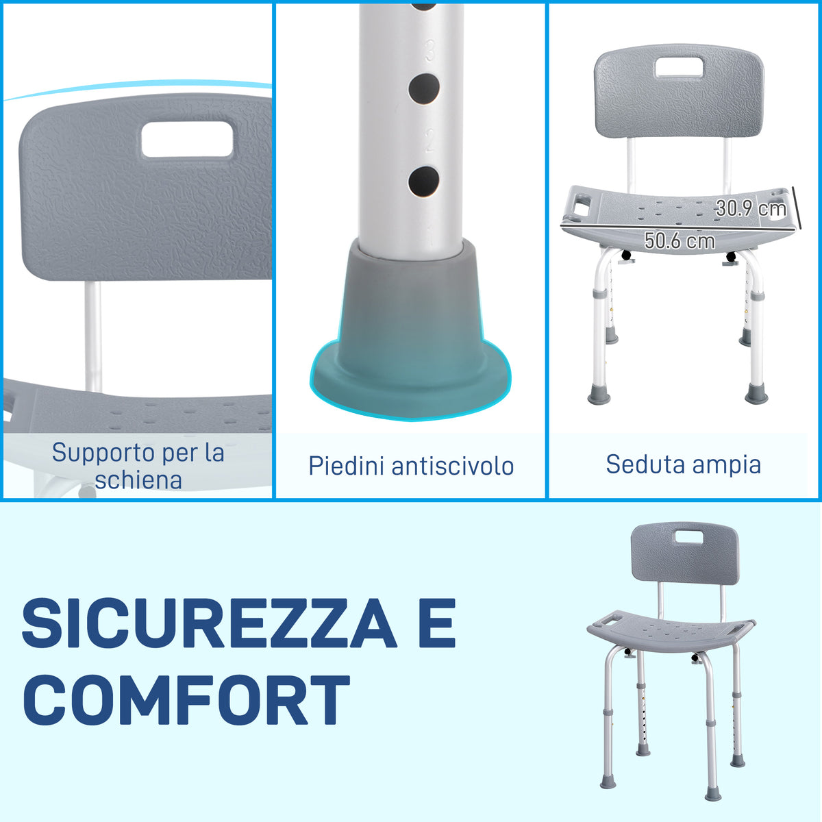 Sedia da Doccia per Bagno in Alluminio e Plastica Altezza Regolabile 8 Livelli 71-88cm Piedini Antiscivolo