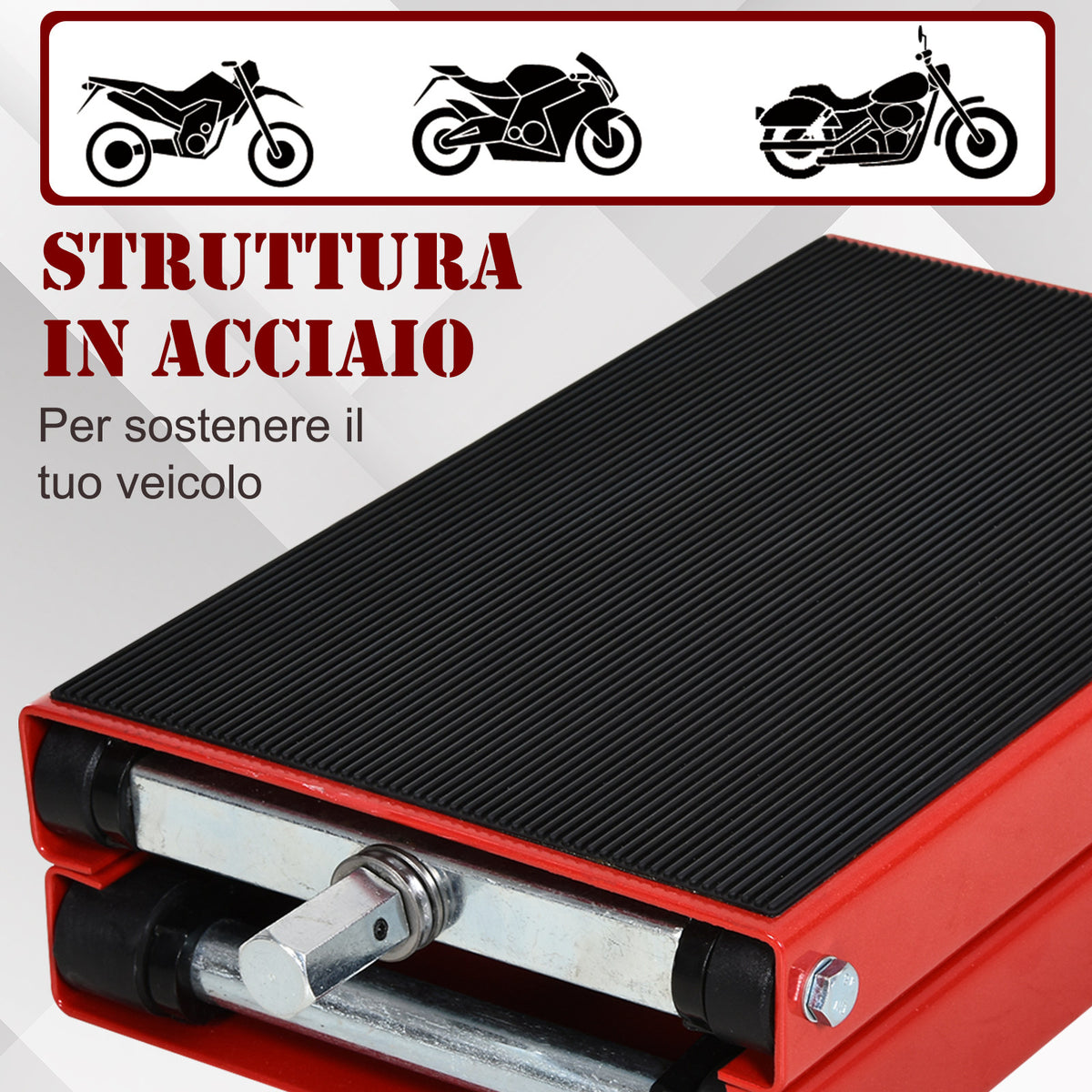 Cavalletto Alzamoto, Sollevatore per Moto in Acciaio Rosso e Nero, Pieghevole e Antiscivolo 41.5 x 23.5 x 10-37cm