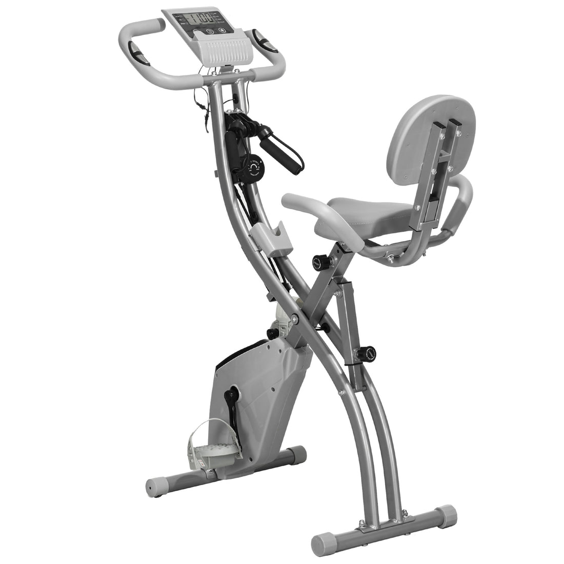 Cyclette Pieghevole 2 in 1, Resistenza Magnetica Regolabile 8 Livelli, Bici da Fitness con Sensore di Frequenza Cardiaca, Elastici per Braccia, Schermo LCD, Volano 2.5kg, Grigio