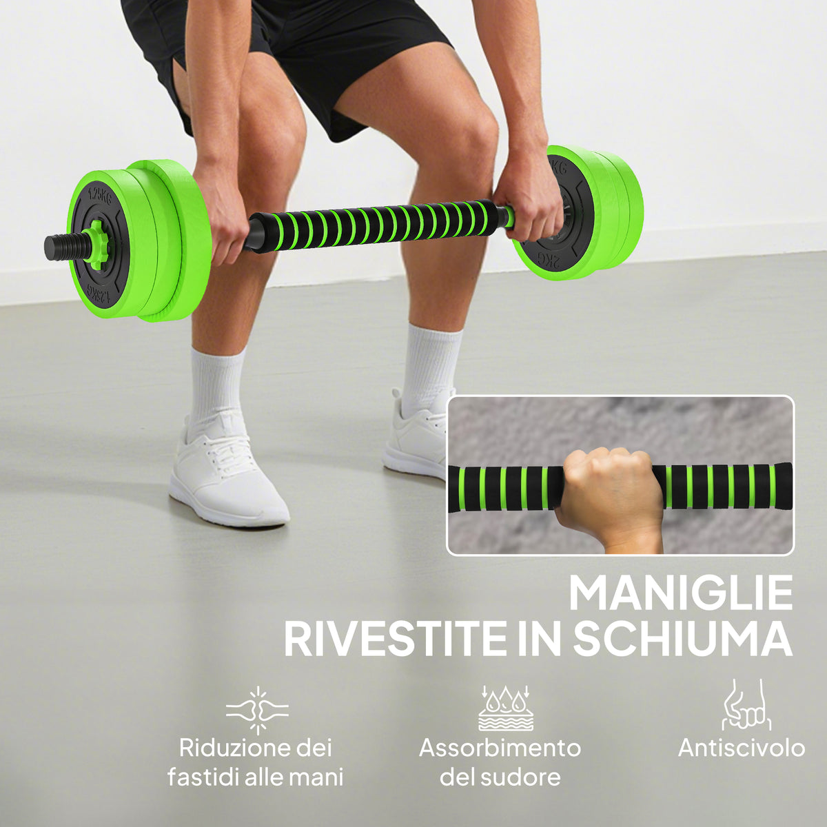 Set Pesi da Palestra 4 in 1 da 20kg, Convertibile in Kettlebell, 2 Manubri, Bilanciere e Supporto Flessioni, Verde