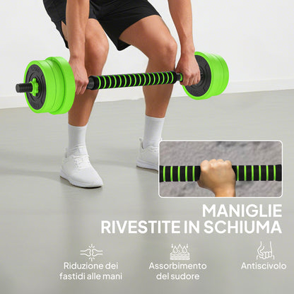 Set Pesi da Palestra 4 in 1 da 20kg, Convertibile in Kettlebell, 2 Manubri, Bilanciere e Supporto Flessioni, Verde
