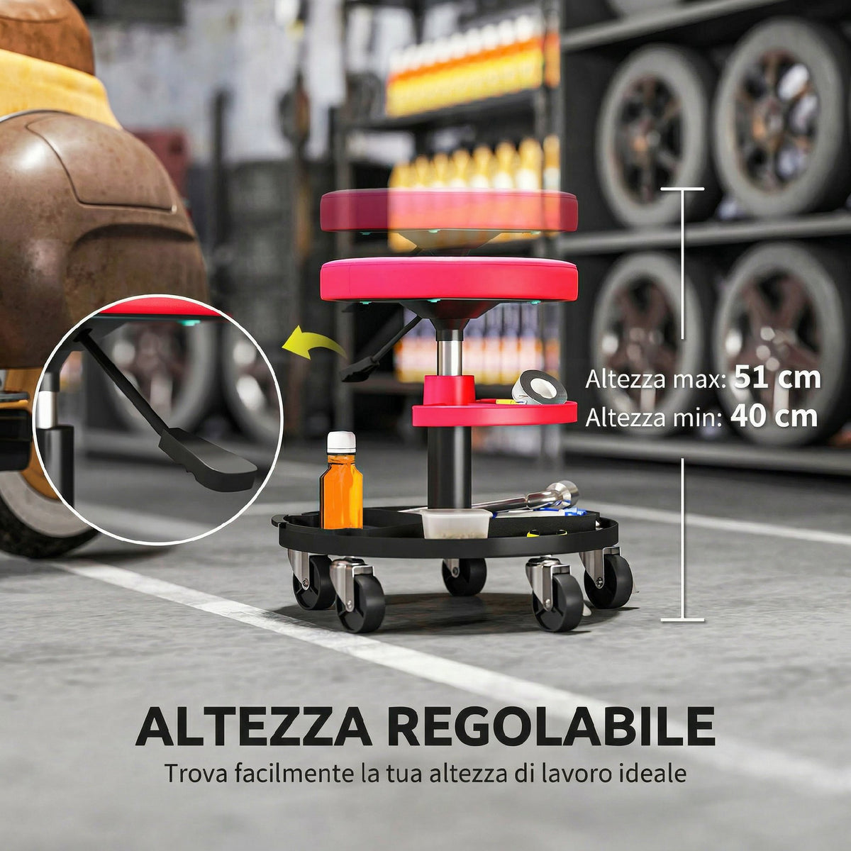 Sgabello da Officina con Ruote da 6 cm, Capacità fino a 135 kg, Altezza Regolabile 40-51 cm, con Vassoi Porta Utensili, Rosso