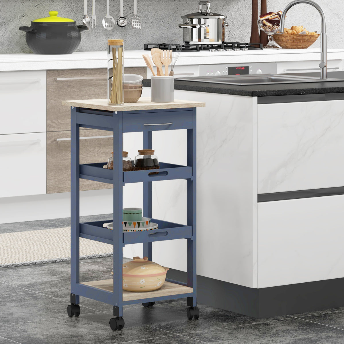 Carrello da Cucina con Cassetto, 2 Vassoi Estraibili e Ripiano Fisso, in Legno di Pino e MDF, 37x37x76 cm
