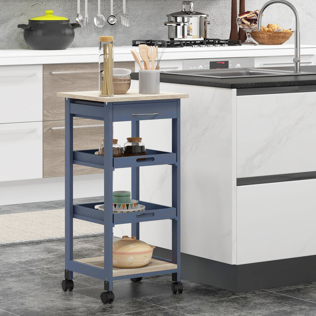 Carrello da Cucina con Cassetto, 2 Vassoi Estraibili e Ripiano Fisso, in Legno di Pino e MDF, 37x37x76 cm