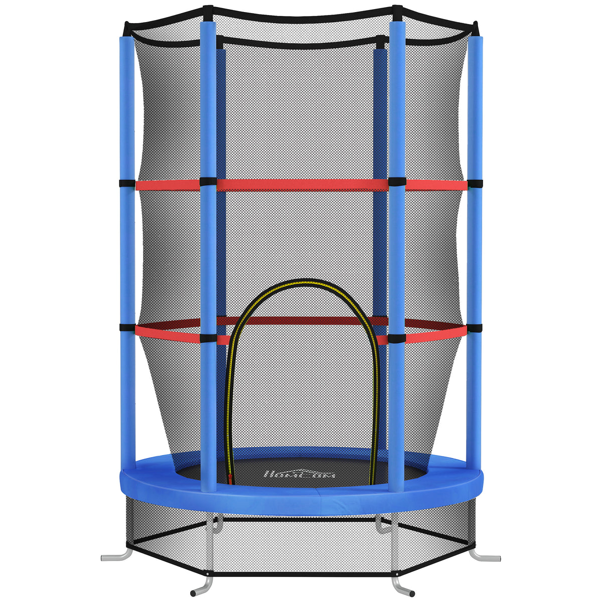 Tappeto Elastico per Bambini 3-6 Anni con Rete di Protezione, 6 Colonne e 3 Ingressi, 140x190 cm, Blu e Nero
