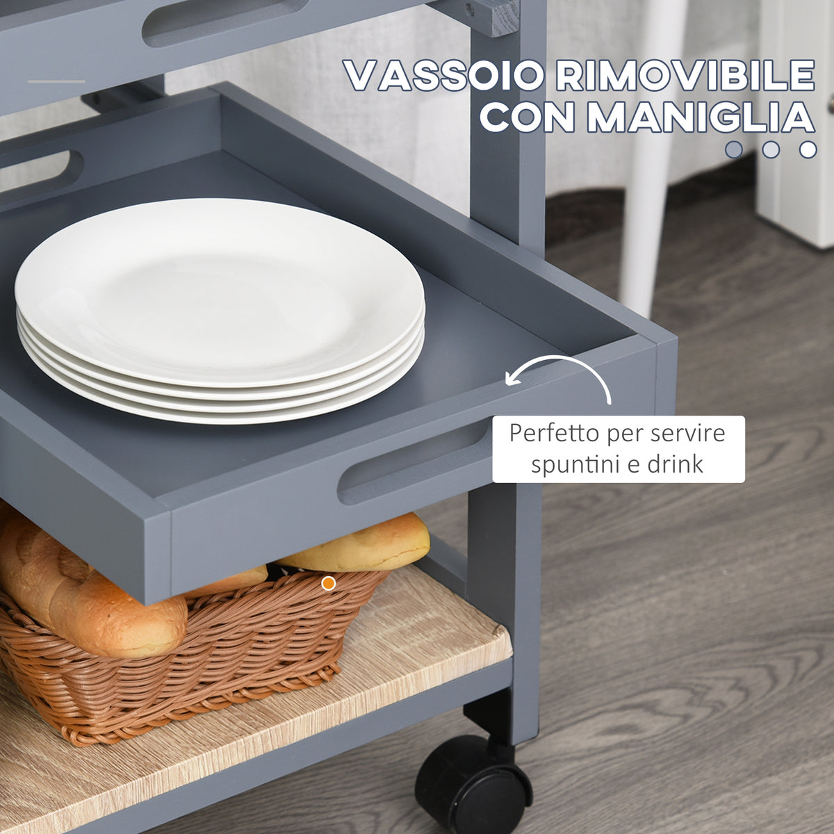 Carrello da Cucina con Cassetto, 2 Vassoi Estraibili e Ripiano Fisso, in Legno di Pino e MDF, 37x37x76 cm