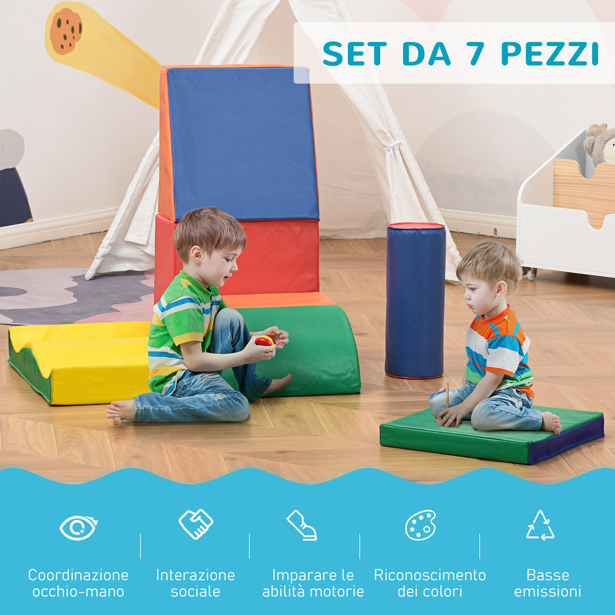 Set 7 Blocchi di Costruzioni Morbide per Bambini da 1-3 Anni per Casa e Scuola, Multicolore