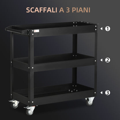 Carrello Porta Attrezzi a 3 Livelli in Acciaio con Bordi Alti e 4 Ruote Girevoli, 83x35.3x76 cm, Nero