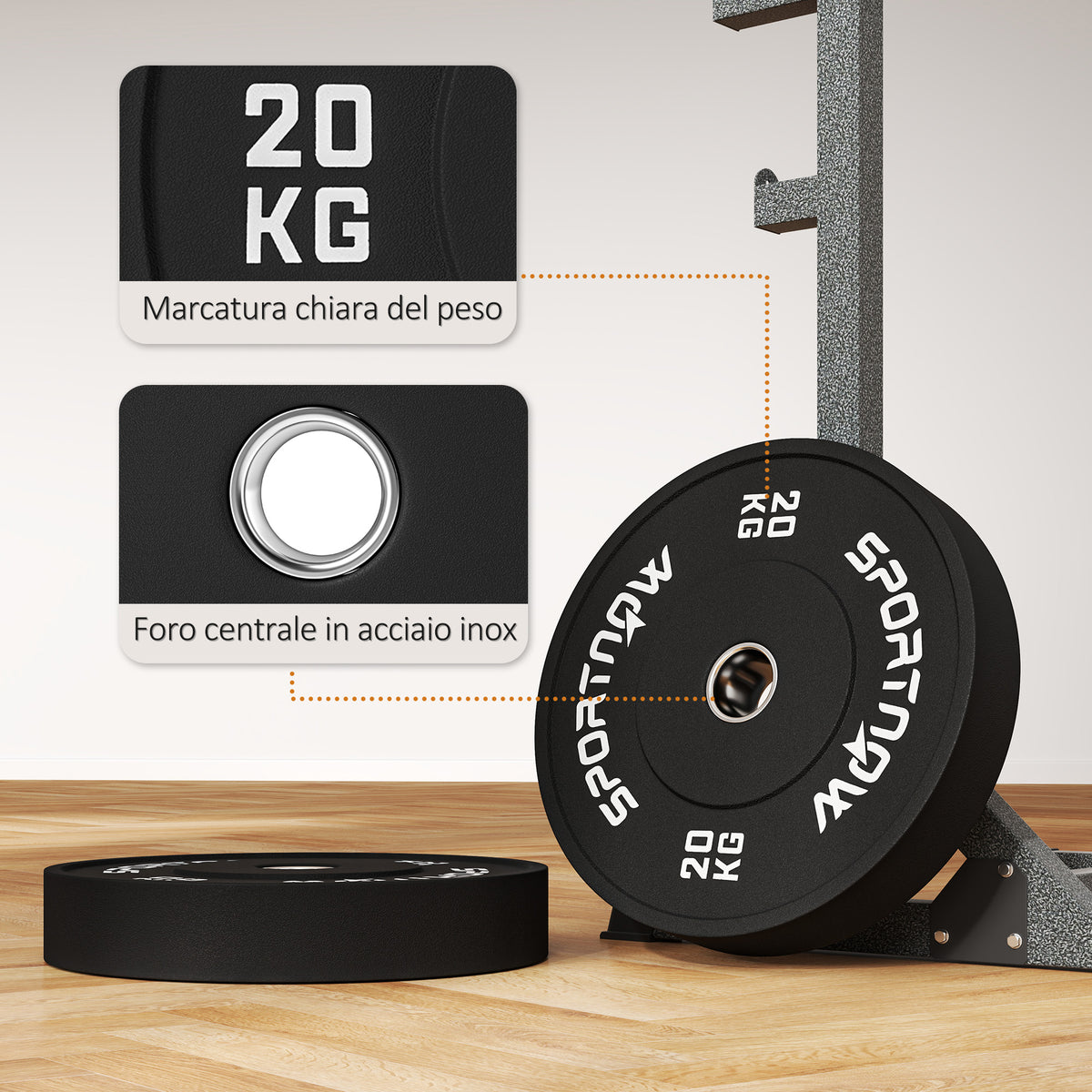 Set 2 Dischi Pesi da 20kg in Gomma con Foro da 2"/5 cm per Manubri e Bilancieri, Nero
