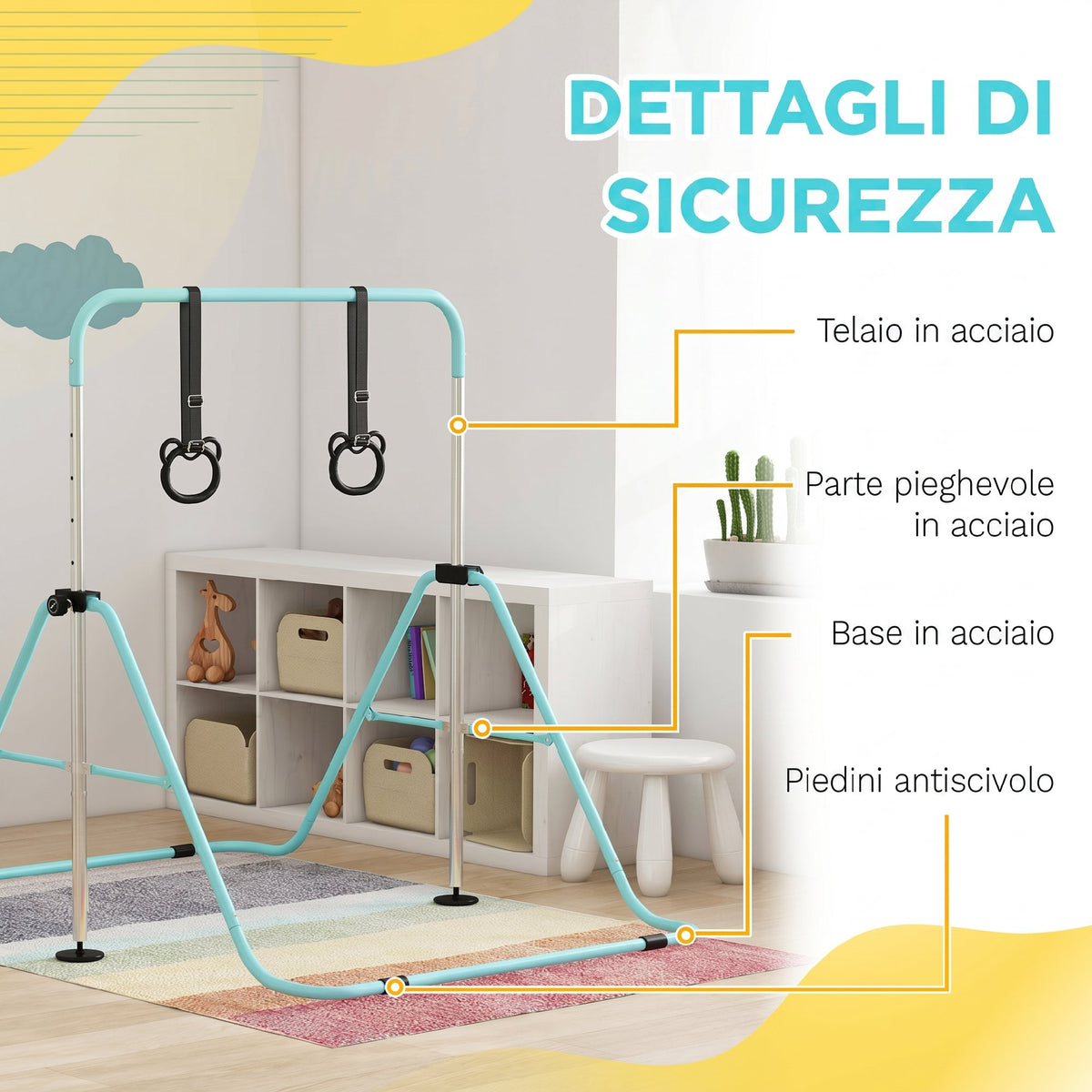 Sbarra Ginnastica Artistica per Bambini ad Altezza Regolabile con 2 Anelli, in Acciaio, Verde Chiaro