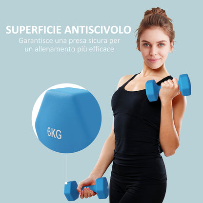Set 2 Manubri Esagonali 2x6kg in Metallo e Plastica con Impugnatura Antiscivolo, 22x10x10 cm, Azzurro