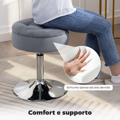 Sgabello da Bar con Altezza Regolabile e Vano Contenitore, Seduta Girevole Imbottita Senza Schienale, Grigio