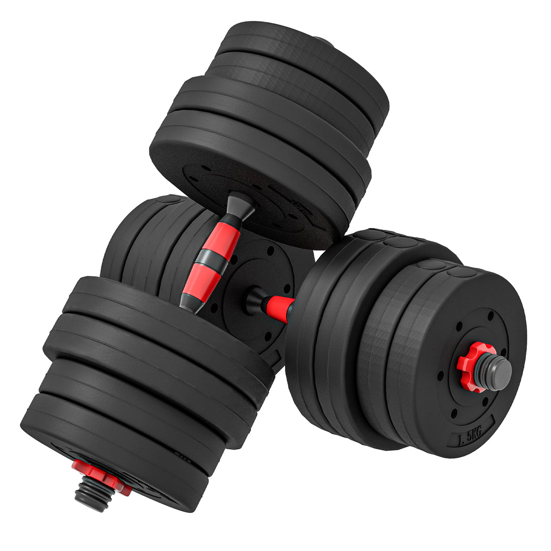 Set 2 Manubri Antiscivolo con 16 Dischi Pesi da 30 kg totali e Connettore, in Acciaio, HDPE e Sabbia, Nero