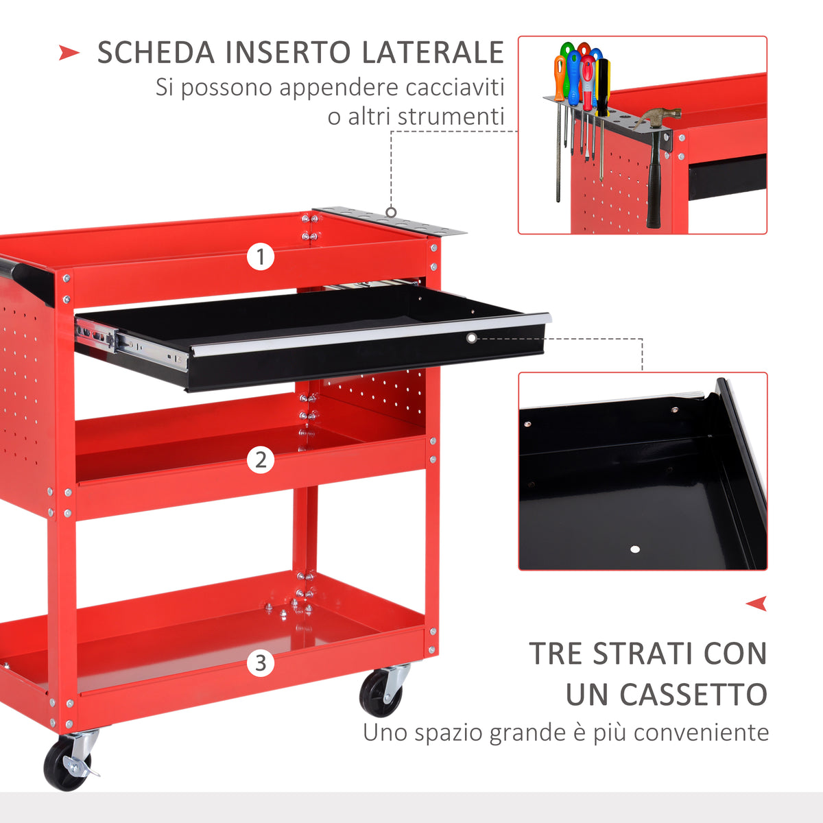 Carrello Porta Attrezzi con Manico, Cassetto e 3 Ripiani, in Lamiera di Acciaio, 82x35x76 cm, Rosso