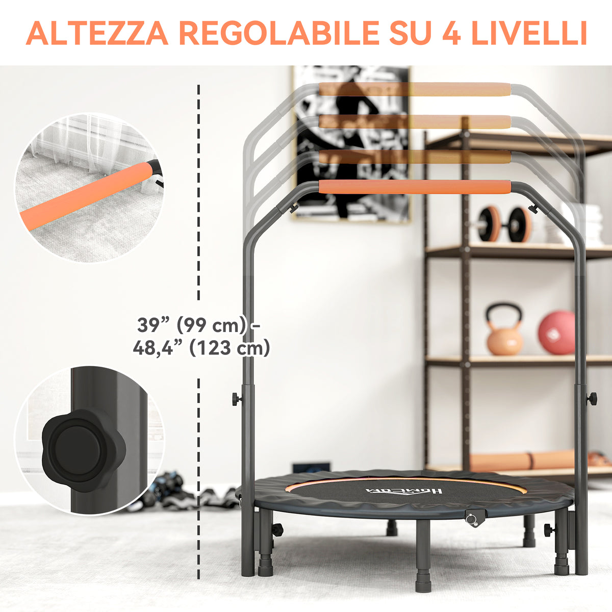 Mini Trampolino Fitness 114 cm Pieghevole con Manubrio Regolabile in Altezza, Arancione e Nero