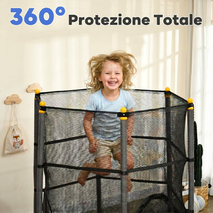 Trampolino Elastico per Bambini 1.6x1.9 m con Rete di Sicurezza e Pali Imbottiti, Età 3-10 Anni, Nero