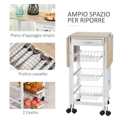 Carrello Portavivande Pieghevole a 6 Ruote con 3 Cestini, Cassetto e 2 Ribalte, Carrellino per Cucina in MDF e Metallo, 37x37x77.5 cm, Bianco e Legno