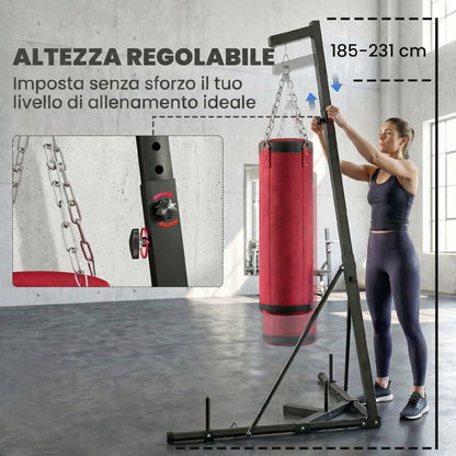 Supporto Sacco Boxe Regolabile con Base Triangolare e Sacco da Boxe, in Acciaio e Tela, 175x91x185-231 cm, Rosso