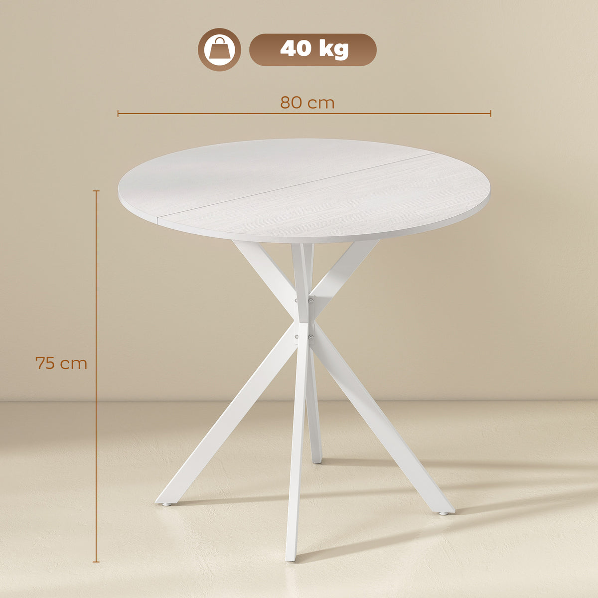Tavolo da Pranzo Rotondo Stile Industriale con Gambe a Croce in Acciaio, 80x75 cm, Bianco