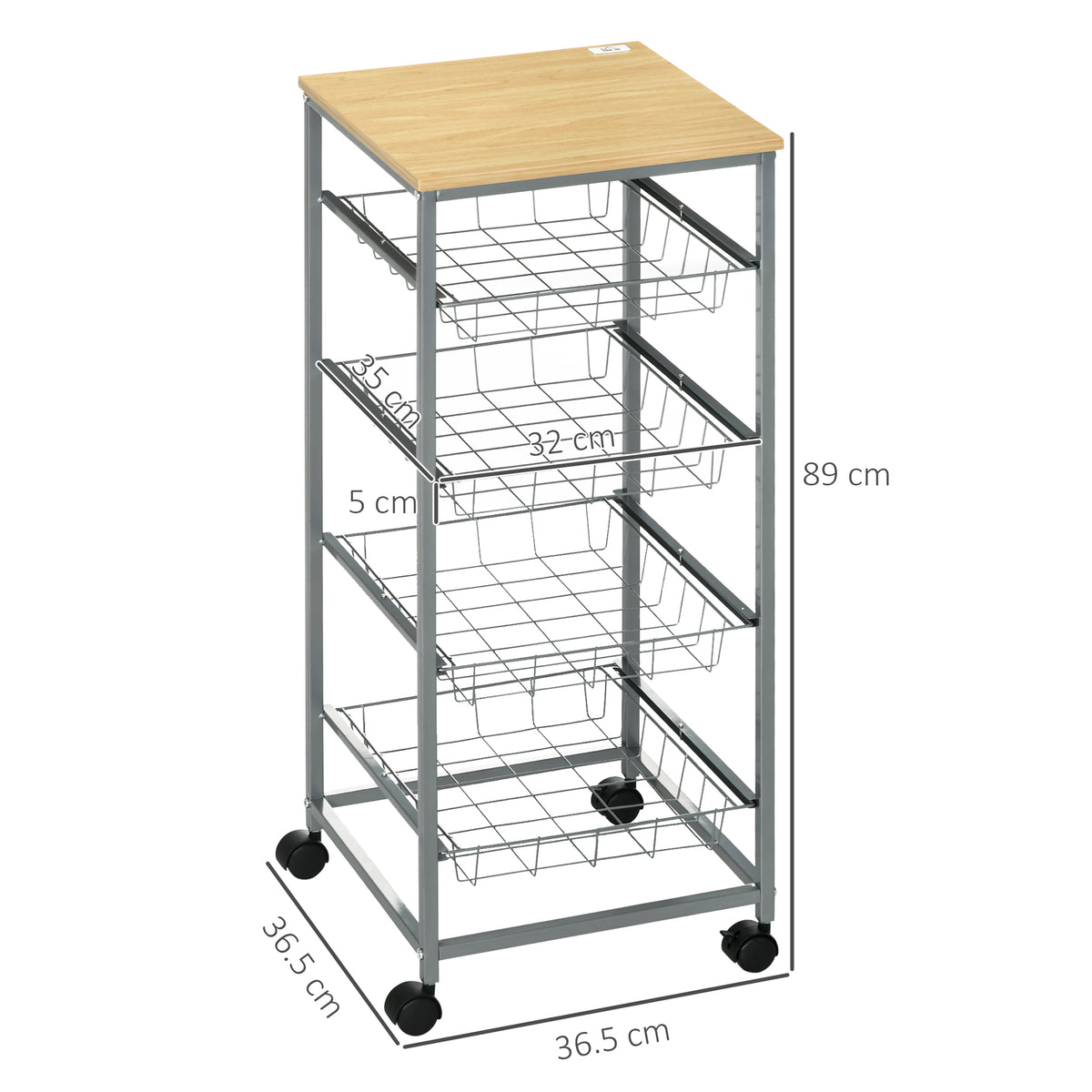 Carrello da Cucina Salvaspazio con 4 Cesti Estraibili in Legno e Acciaio, 36.5x36.5x89 cm, Argento e color Legno