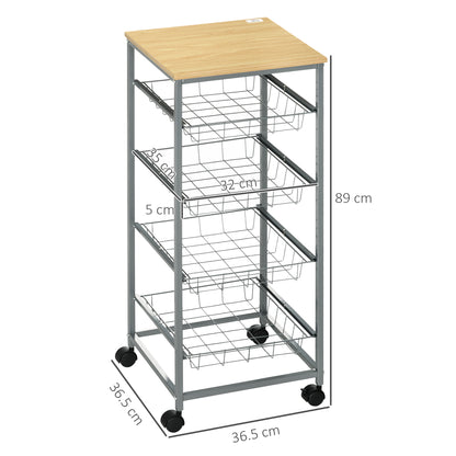 Carrello da Cucina Salvaspazio con 4 Cesti Estraibili in Legno e Acciaio, 36.5x36.5x89 cm, Argento e color Legno