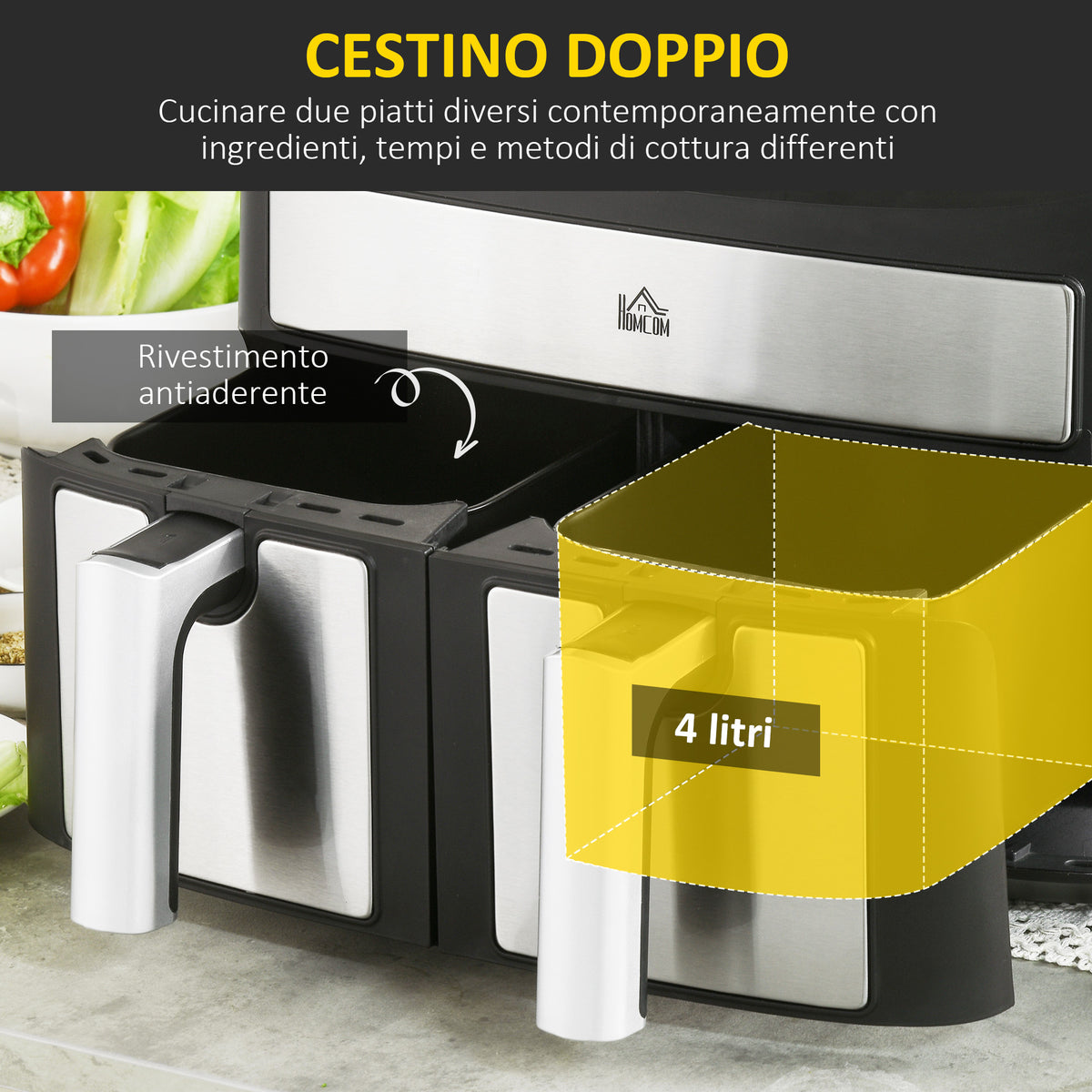 Friggitrice ad Aria 8L con Timer e Temperatura Regolabile, in Acciaio e Plastica, 38.8L x 36.3x31.1 cm, Nero