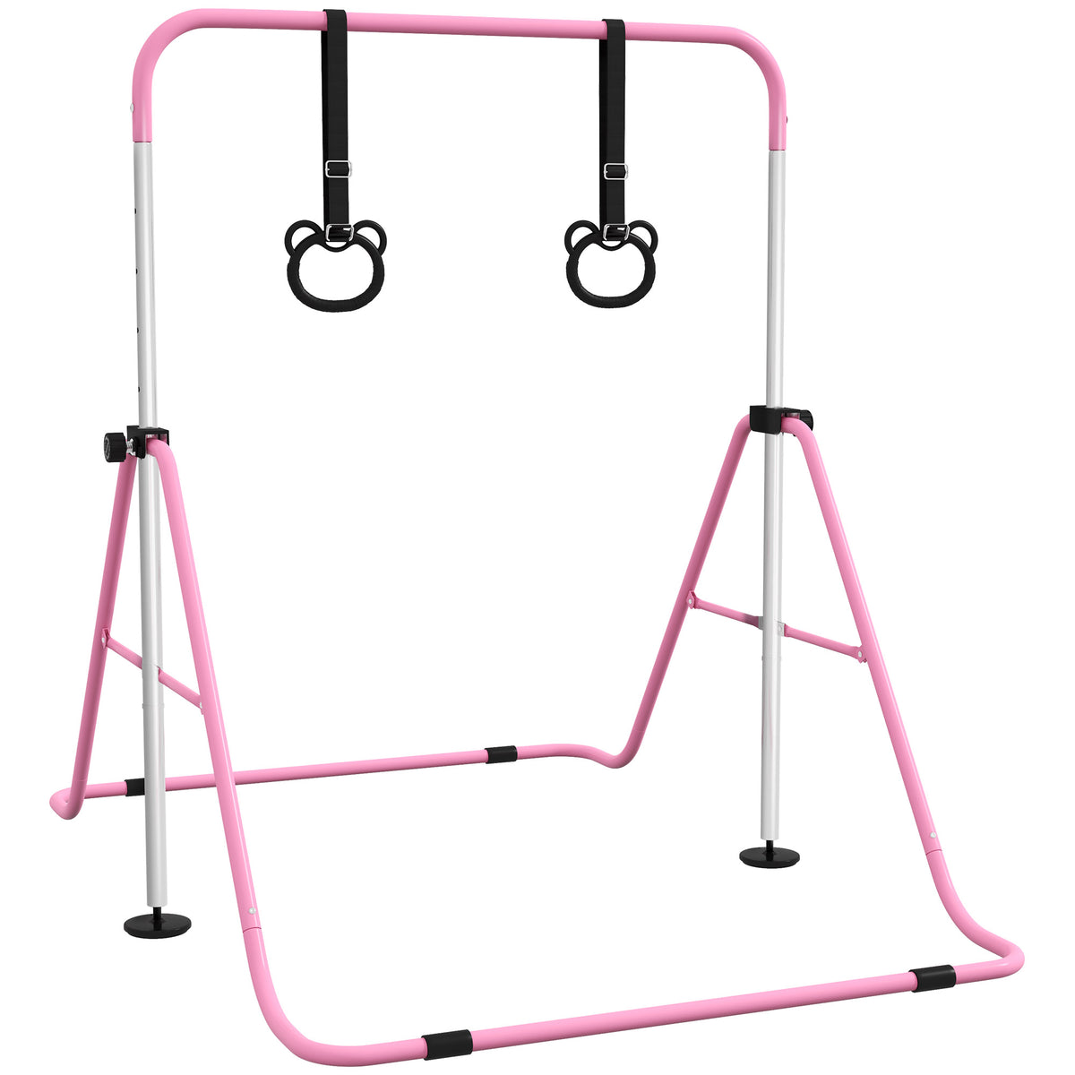 Sbarra Ginnastica Artistica per Bambini ad Altezza Regolabile con 2 Anelli, in Acciaio, 148x105x88-128 cm, Rosa