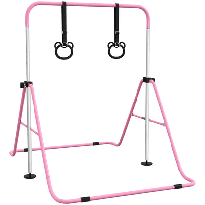 Sbarra Ginnastica Artistica per Bambini ad Altezza Regolabile con 2 Anelli, in Acciaio, 148x105x88-128 cm, Rosa