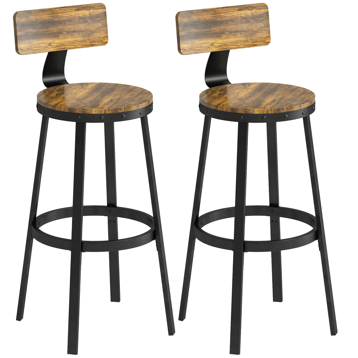 Set 2 Sgabelli da Bar Stile Rustico con Poggiapiedi, in Legno e Metallo, 37x47x96 cm, Marrone