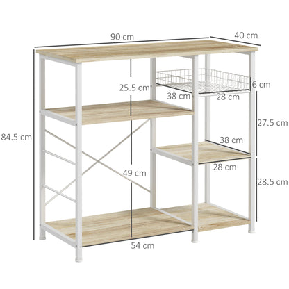 Mobile Cucina Moderno a 4 Ripiani con Cestino e Ganci in Legno e Acciaio, 90x40x84.5cm, Quercia e Bianco