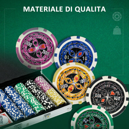 Set Poker per 9-10 Giocatori con 500 Fiches, 2 Mazzi di Carte e 5 Dadi, in Alluminio e Poliestere