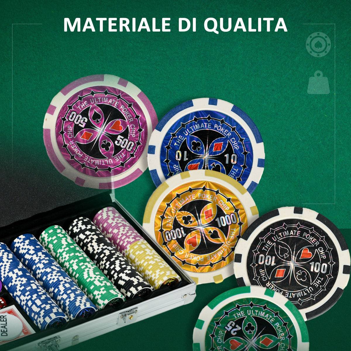 Set Poker per 9-10 Giocatori con 500 Fiches, 2 Mazzi di Carte e 5 Dadi, in Alluminio e Poliestere