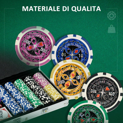 Set Poker per 9-10 Giocatori con 500 Fiches, 2 Mazzi di Carte e 5 Dadi, in Alluminio e Poliestere