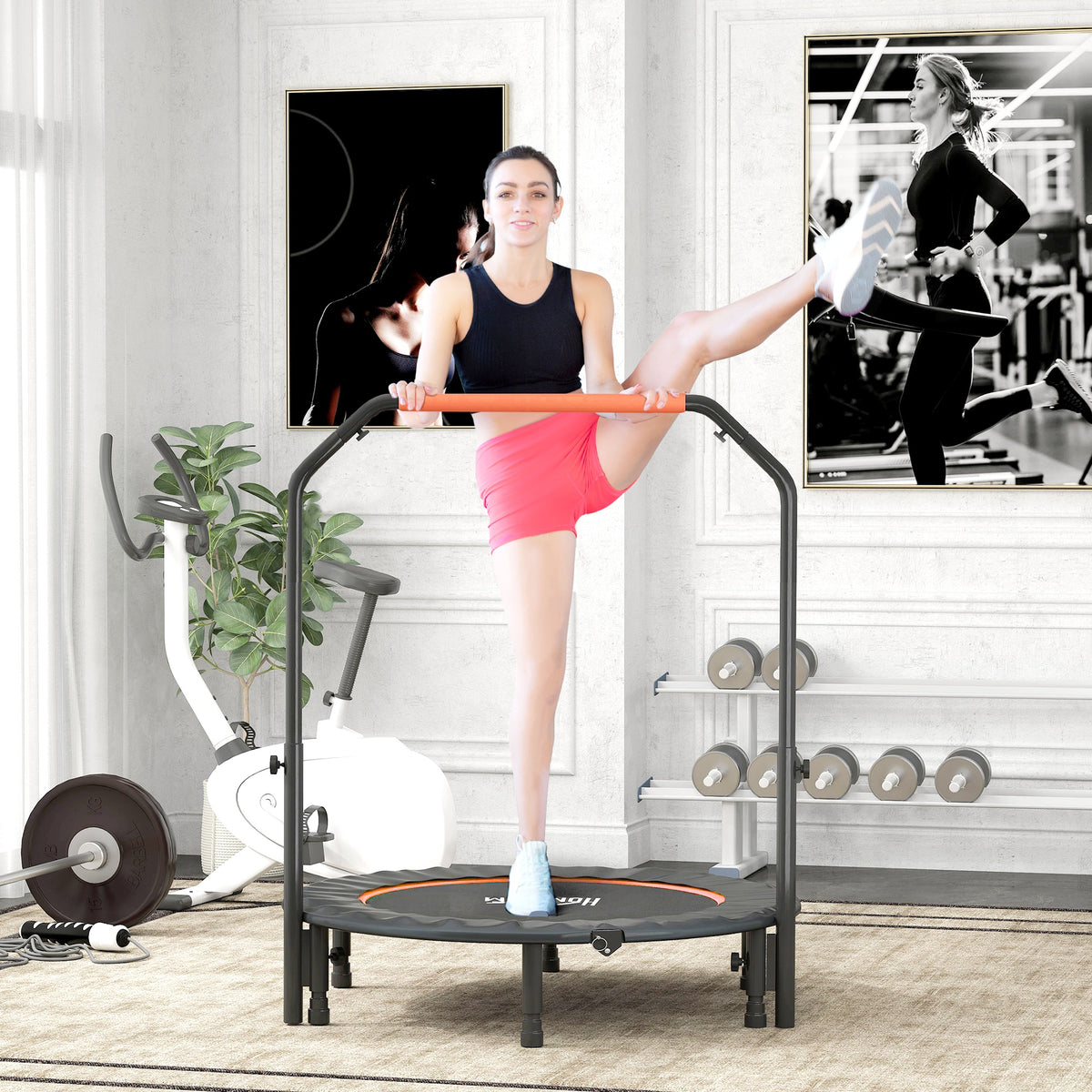 Mini Trampolino Fitness 114 cm Pieghevole con Manubrio Regolabile in Altezza, Arancione e Nero