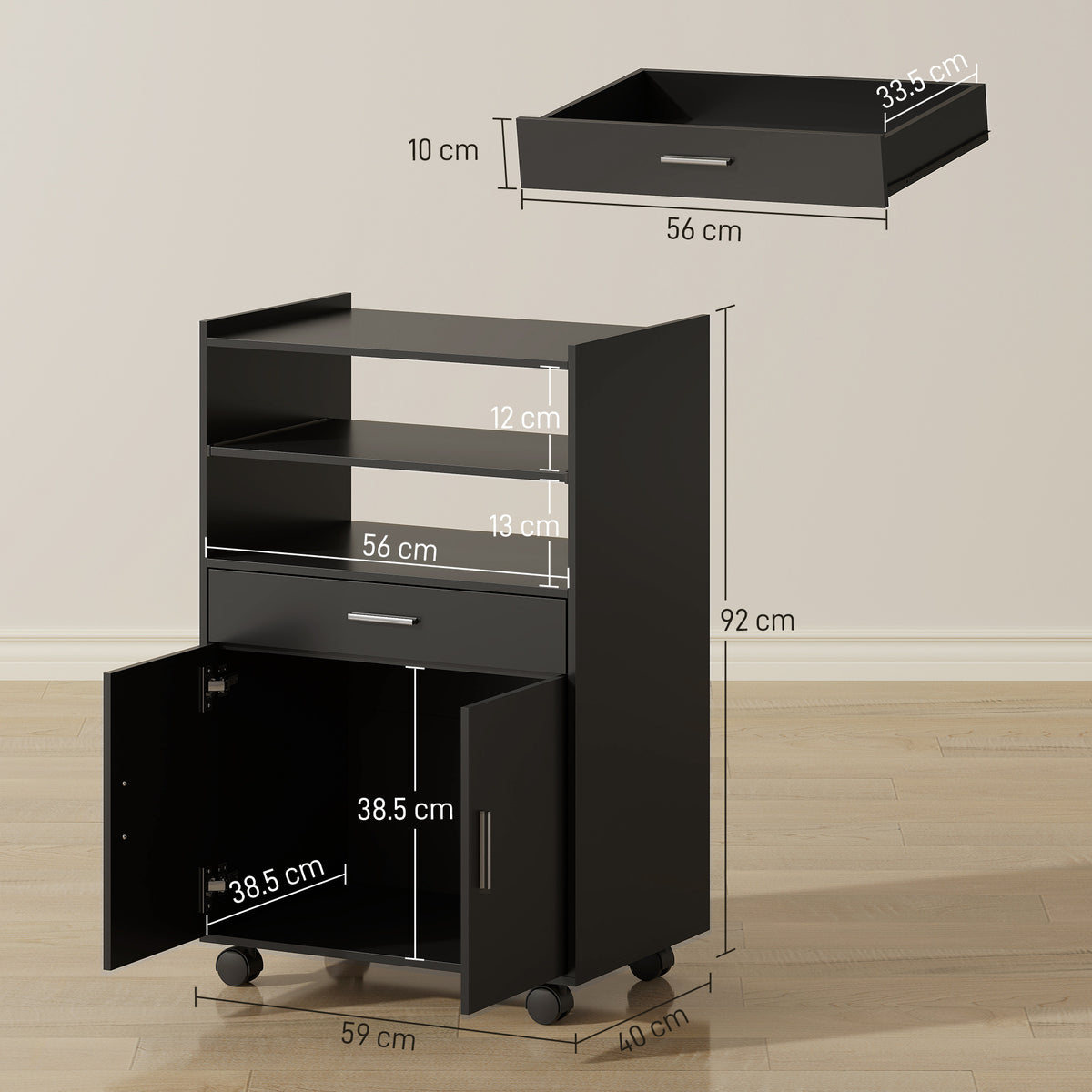 Mobile Microonde in Legno con Cassetto, Armadietto a 2 Ante e 2 Ripiani, 59x40x92 cm, Nero