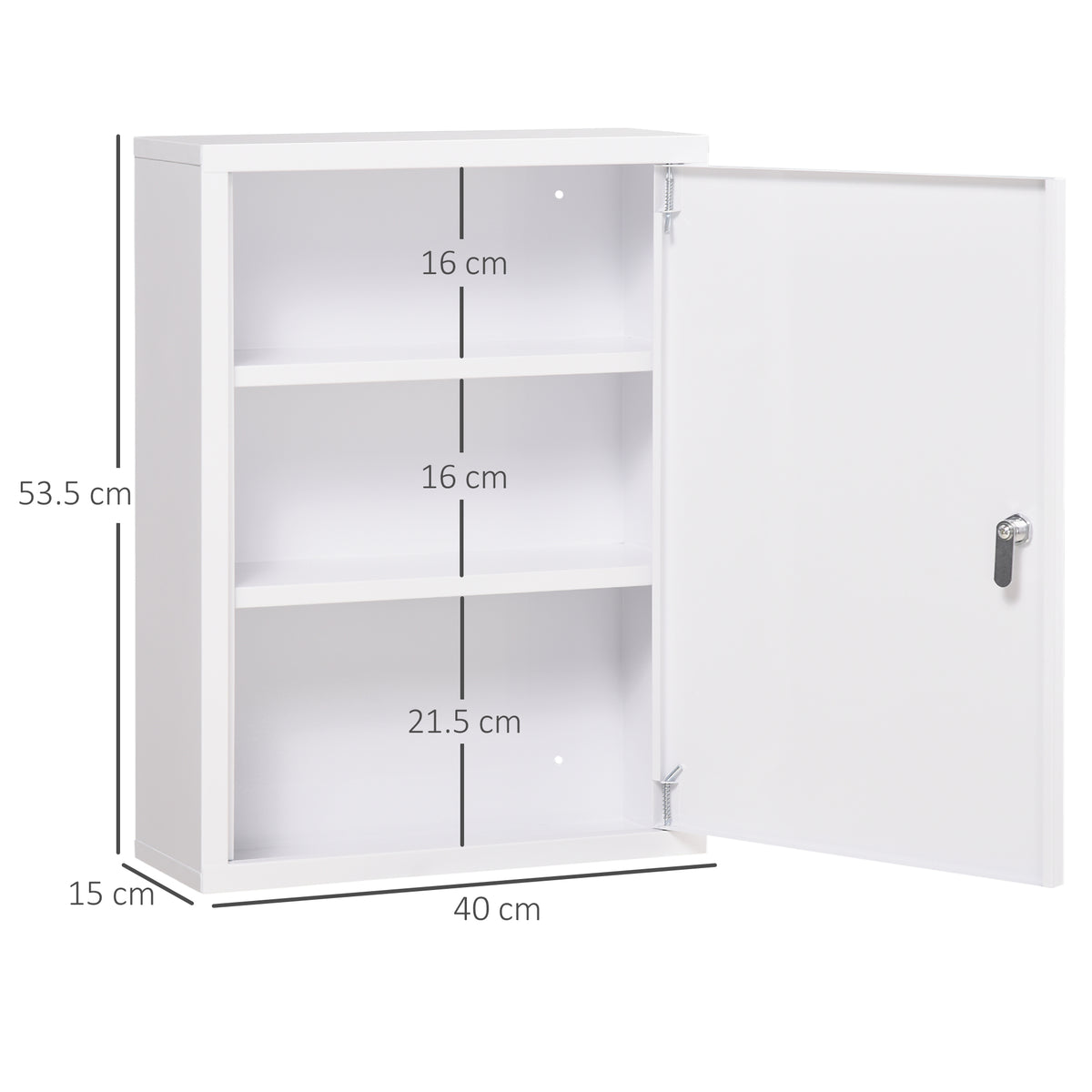 Armadietto Medicinali a 3 Ripiani con Serratura e 2 Chiavi, in Acciaio, 40x15x53.5 cm, Bianco