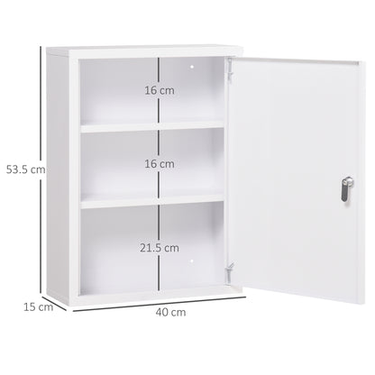 Armadietto Medicinali a 3 Ripiani con Serratura e 2 Chiavi, in Acciaio, 40x15x53.5 cm, Bianco