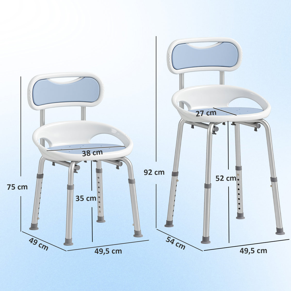 Sedia da Doccia con Schienale e Sedile Forato, 8 Altezza Regolabile, Antiscivolo, Portata 136kg, Azzurro
