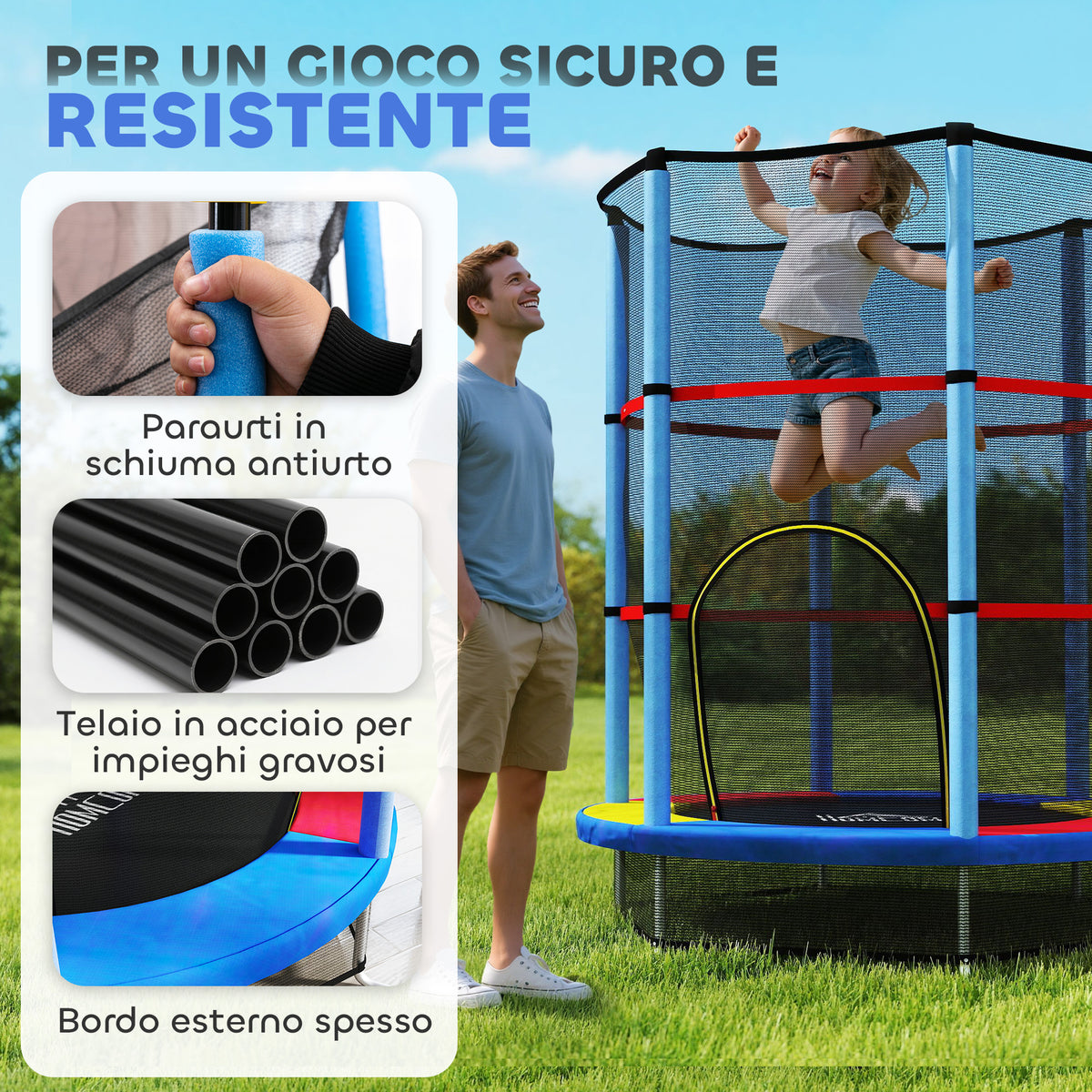 Tappeto Elastico per Bambini 3-6 Anni con Rete di Protezione, 6 Colonne e 3 Ingressi, 140x190 cm, Multicolore