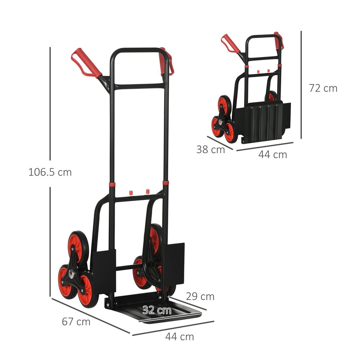 Carrello Portapacchi Pieghevole 120 kg max con Maniglia Estraibile, 44 x 38 x 106.5 cm, Rosso e Nero