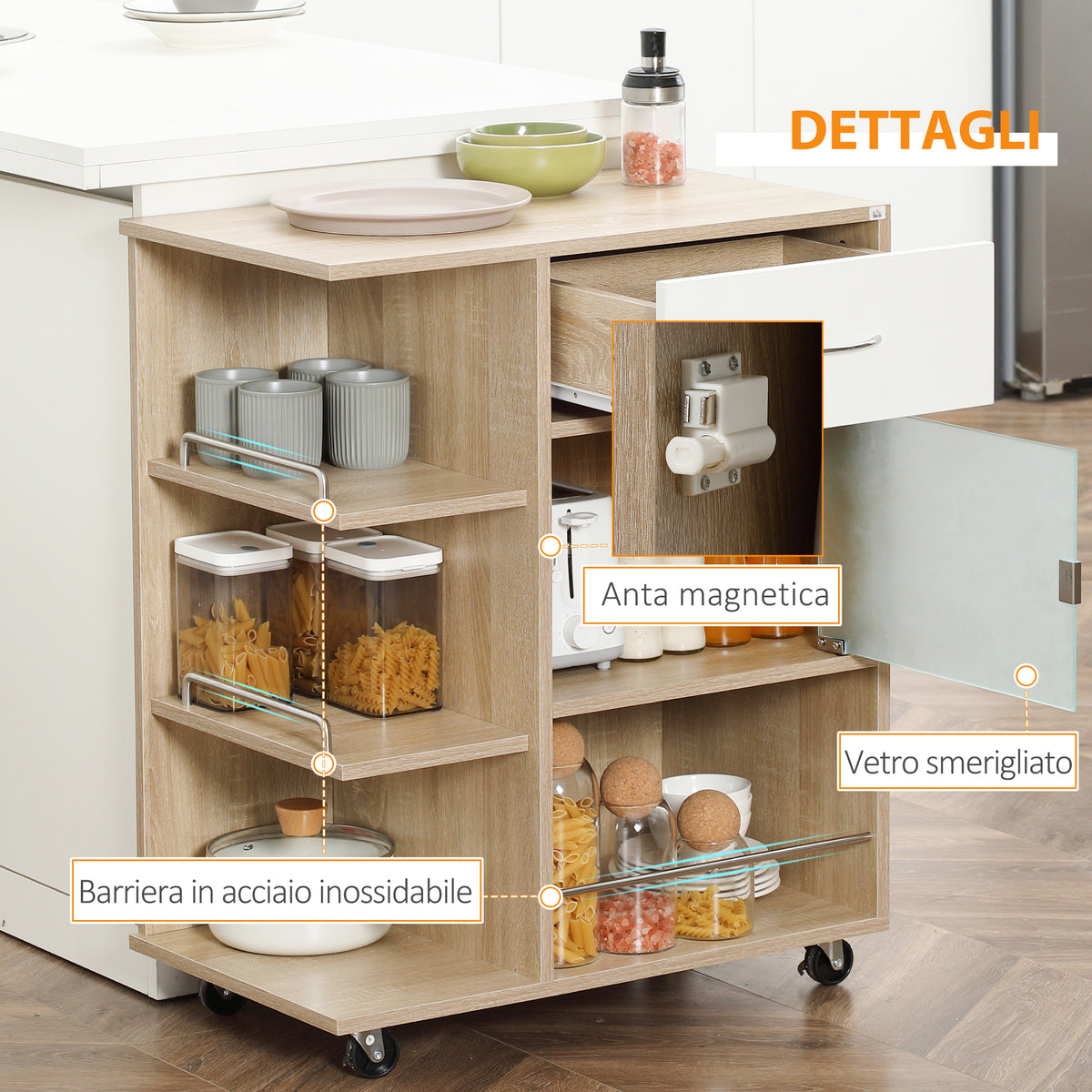Carrello da Cucina Portavivande con Cassetto, Ripiani e Armadietto in Legno, Acciaio e Vetro, 65x39x80cm