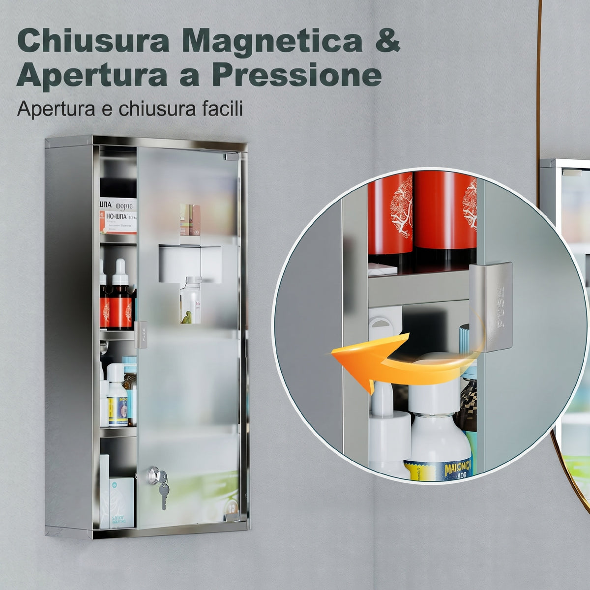 Armadietto Medicinale Cassetta Porta Medicina a Quattro Ripiani in Acciaio Inox 30 x 12 x 60cm