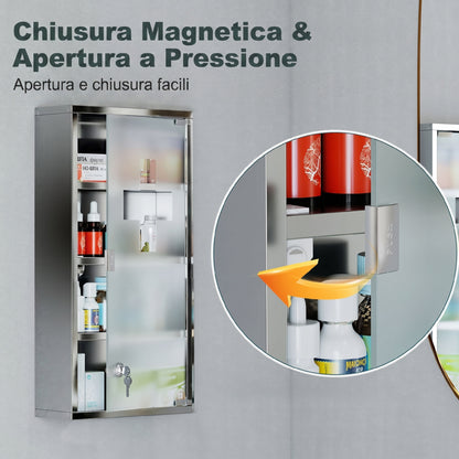 Armadietto Medicinale Cassetta Porta Medicina a Quattro Ripiani in Acciaio Inox 30 x 12 x 60cm