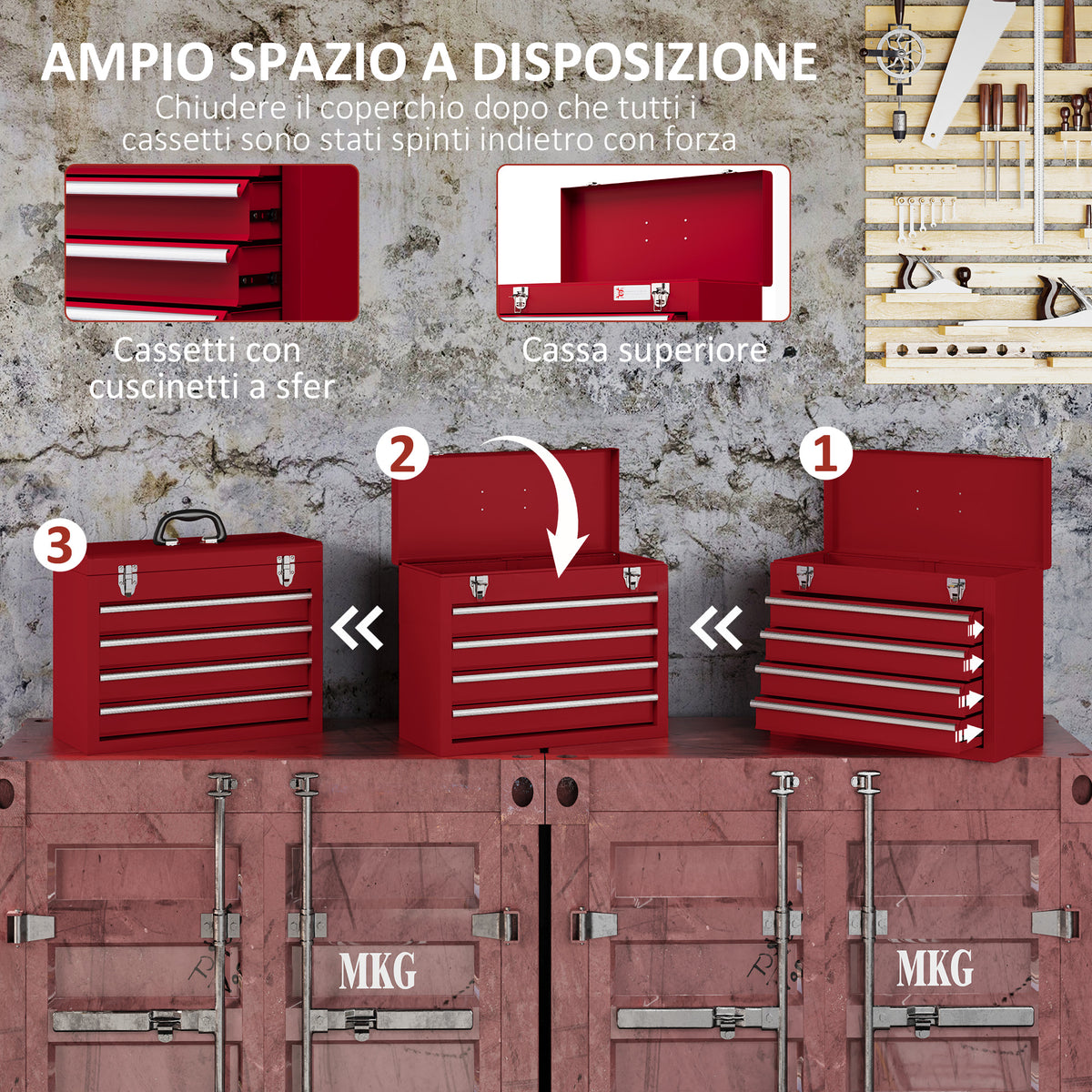 Cassetta Porta Attrezzi in Acciaio con 4 Cassetti, Vassoio Superiore a Doppia Serratura, 51x22x39.5 cm, Rosso