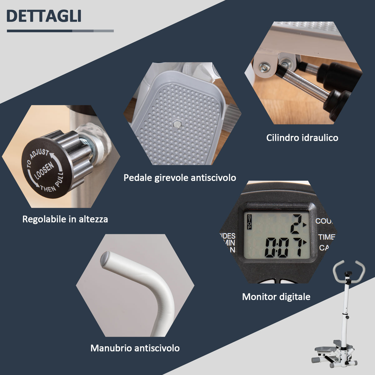 Stepper con Monitor LCD, Manubrio Regolabile ed Elastici, in Acciaio e ABS, Bianco e Grigio