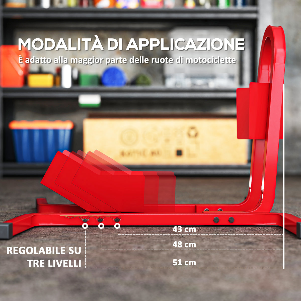 Blocca Ruota Moto Regolabile su 3 Livelli da 250 kg max in Metallo, 60x55x43 cm, Rosso