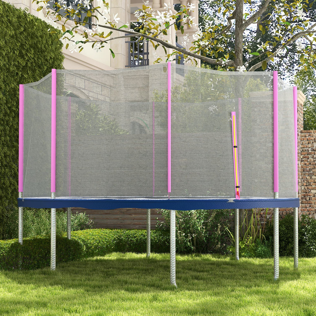 Rete di Protezione per Trampolini a 8 Pali con Ingresso con Cerniera, in PE, 366x180 cm, Nero e Rosa