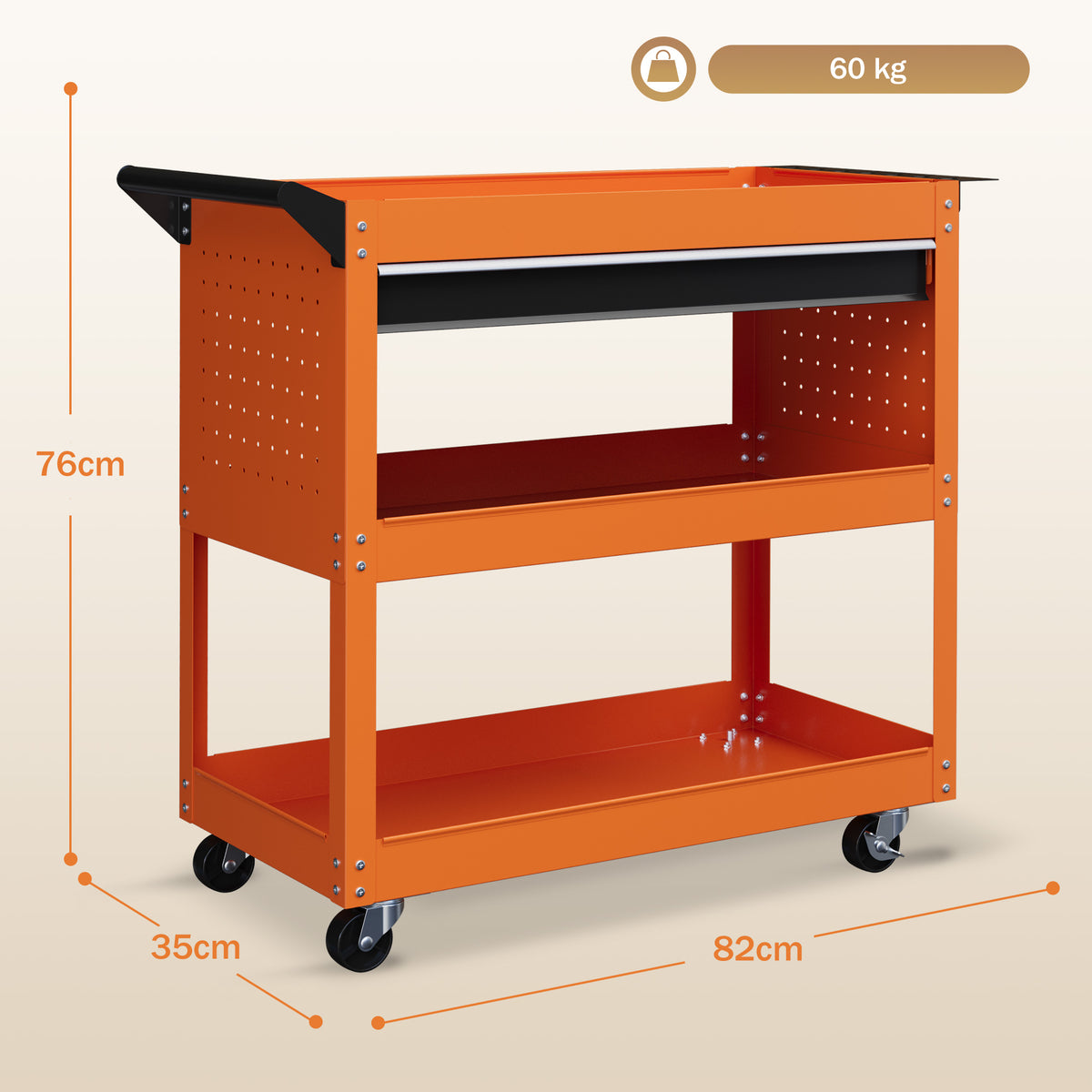 Carrello Porta Attrezzi con Manico Laterale, Cassetto e 3 Ripiani in Acciaio, 82x35x76 cm, Arancione
